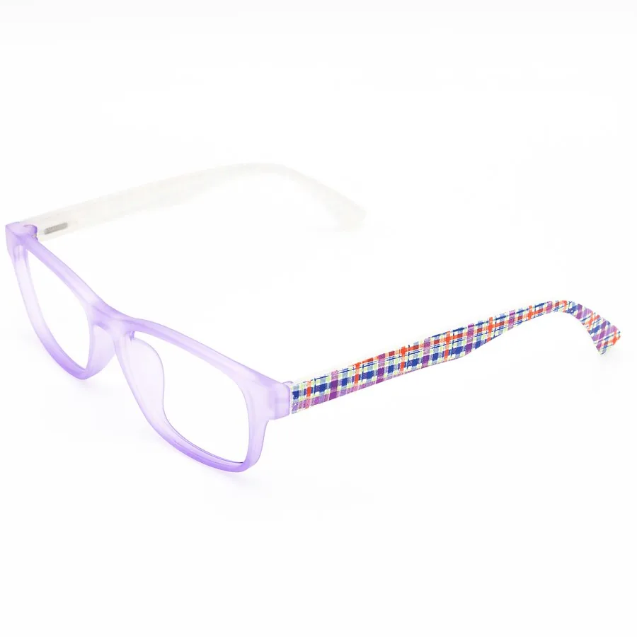 Lilac reading glasses with check-pattern temples