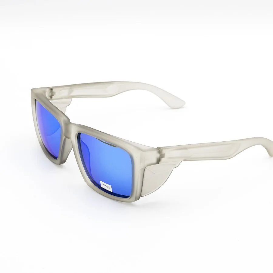 Frosted safety frame with side shields and blue mirror lenses